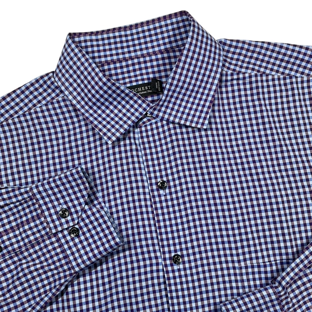 Rochester Dress Shirt Mens 18 36/37T Blue Purple Gingham Egyptian Cotton NonIron